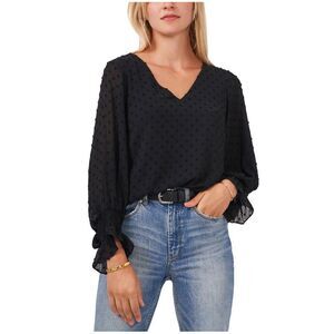 Vince Camuto Womens Clip Dot Smocked Cuff Ruffled Blouse, NWT